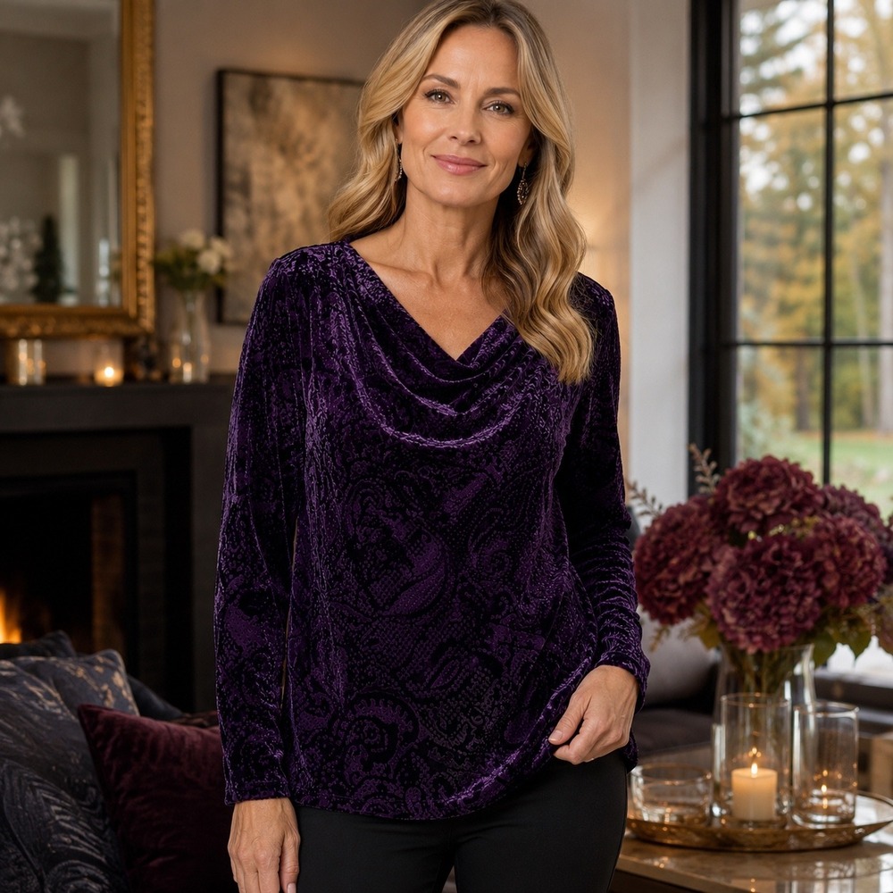 Coldwater Creek Purple Burnout Velvet Paisley Top Cowl Neck Long Sleeve Womens 8